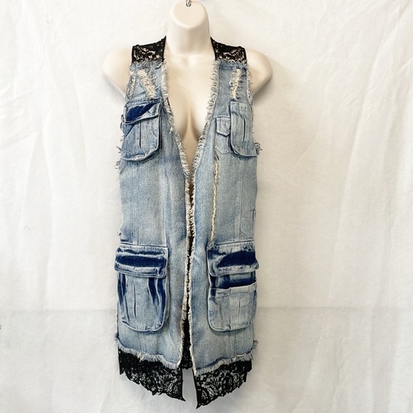 Adore Denim and Lace Vest Womens Sz Sm Distressed Open Front Blue Black Pockets‎ - Picture 1 of 9